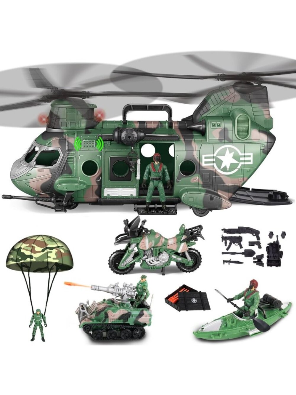 Military Helicopter Toy Set with Lights & Sounds, Army Men Playset for Kids